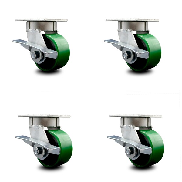 4 Inch Kingpinless Green Poly on Steel Wheel Swivel Caster Set with Brakes SCC